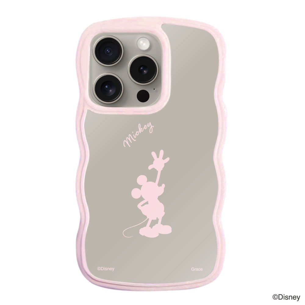 iPhone15Proケース ウェーブフレーム クリアケース シルエットミッキーマウス ピンク