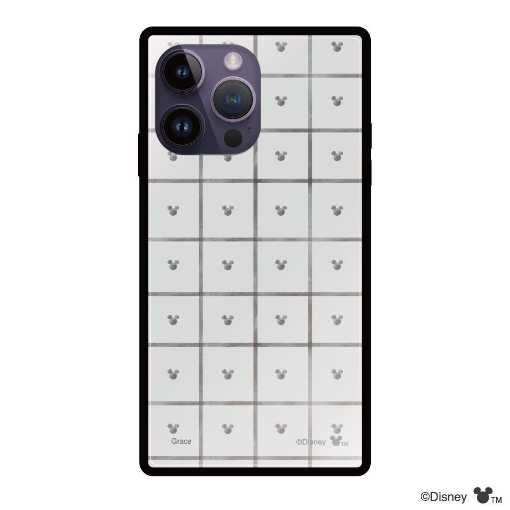 iPhone14ProMaxケース スクエア 強化ガラスケース スクエアパターンミッキーマウス グレー