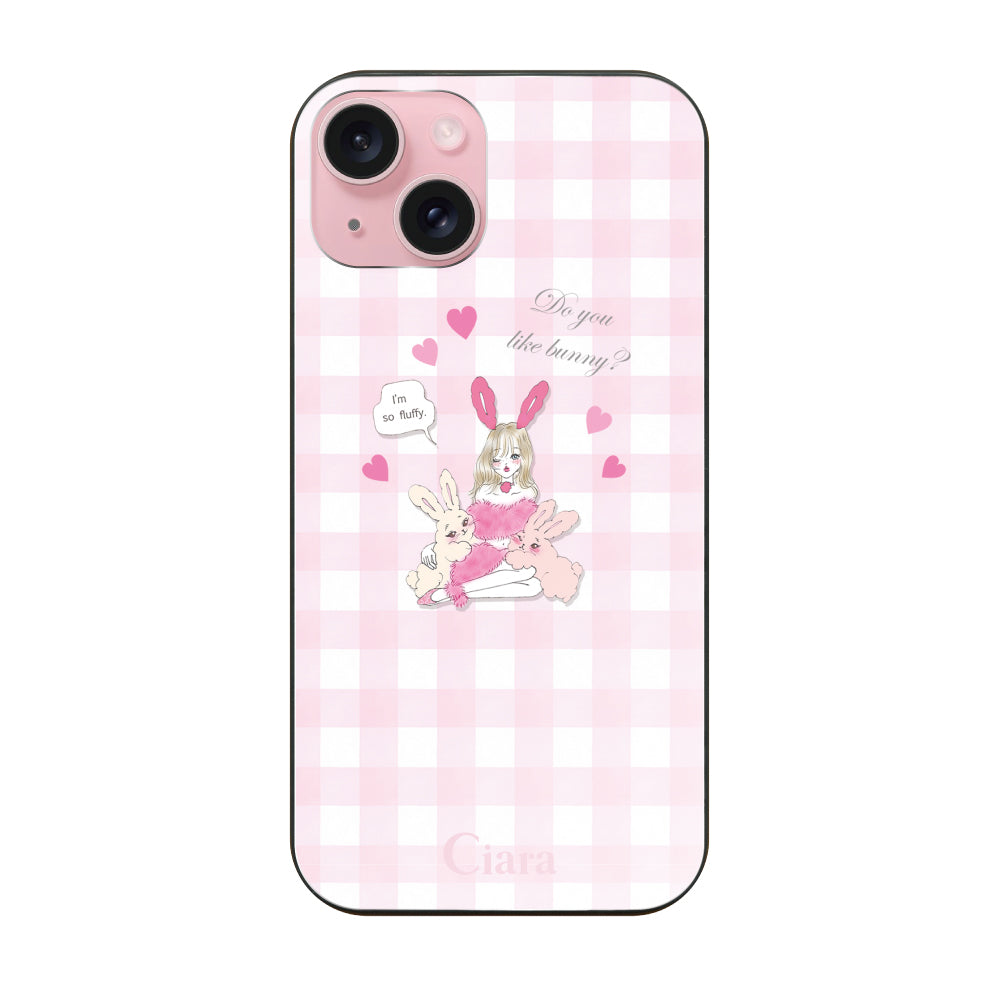 iPhone15 ガラス 強化ガラスケース バニーガール ピンクチェック