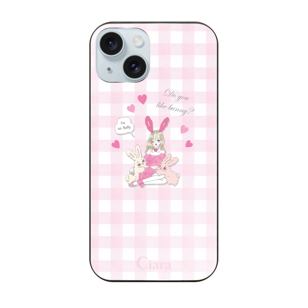 iPhone15Plus ガラス 強化ガラスケース バニーガール ピンクチェック
