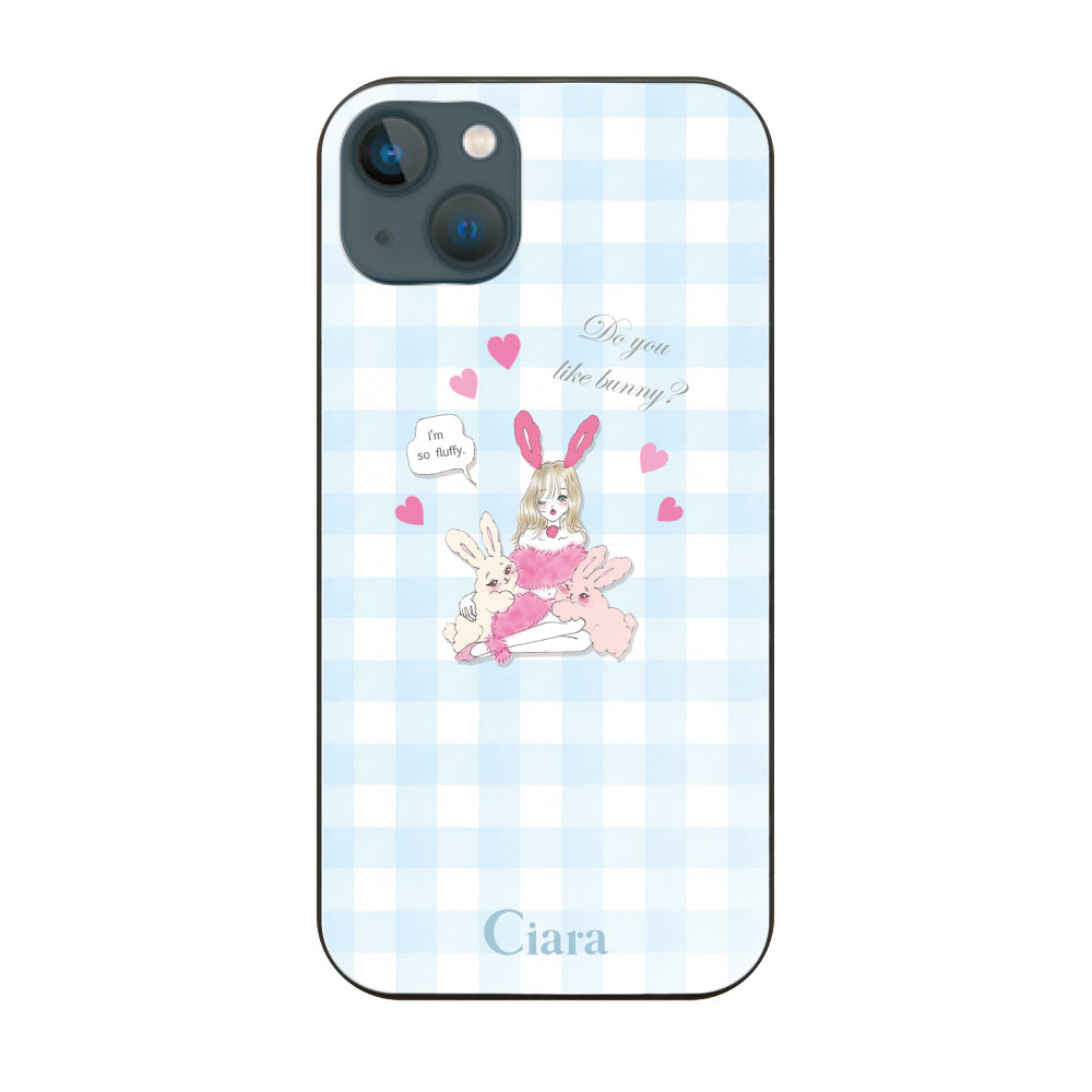 iPhone13mini ガラス 強化ガラスケース バニーガール ブルーチェック