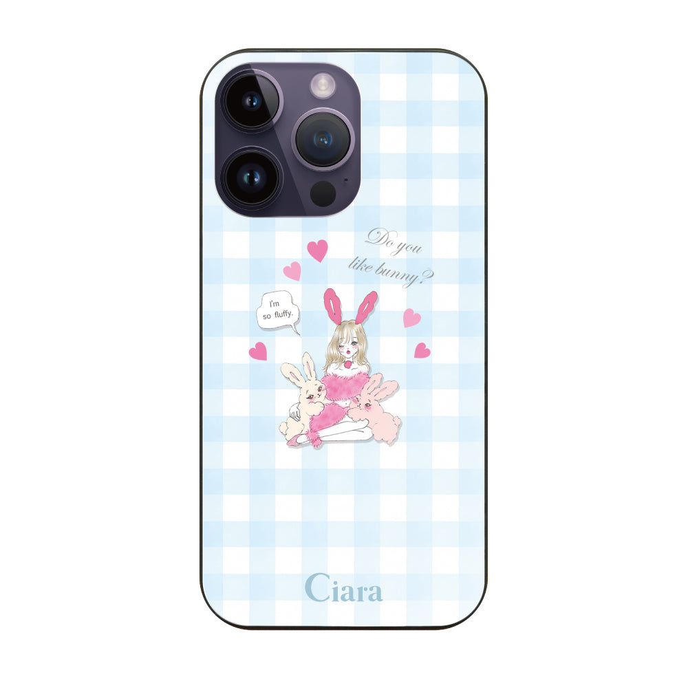 iPhone14ProMax ガラス 強化ガラスケース バニーガール ブルーチェック
