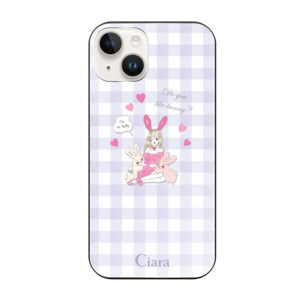 iPhone14 ガラス 強化ガラスケース バニーガール パープルチェック