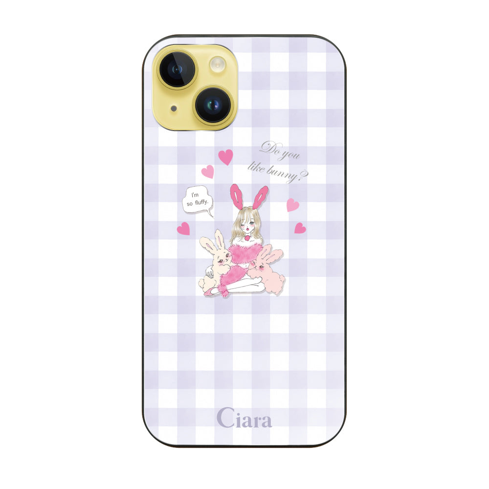 iPhone14Plus ガラス 強化ガラスケース バニーガール パープルチェック