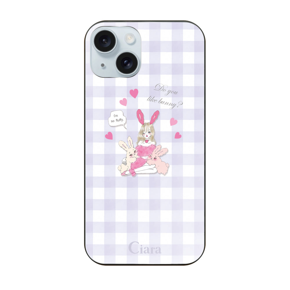 iPhone15Plus ガラス 強化ガラスケース バニーガール パープルチェック