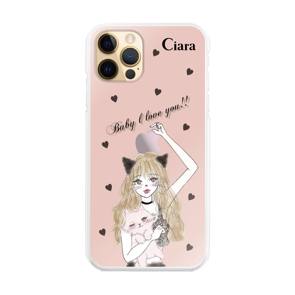 iPhone11Pro ハイブリッド クリアケース ブラックキャットガール ピンク