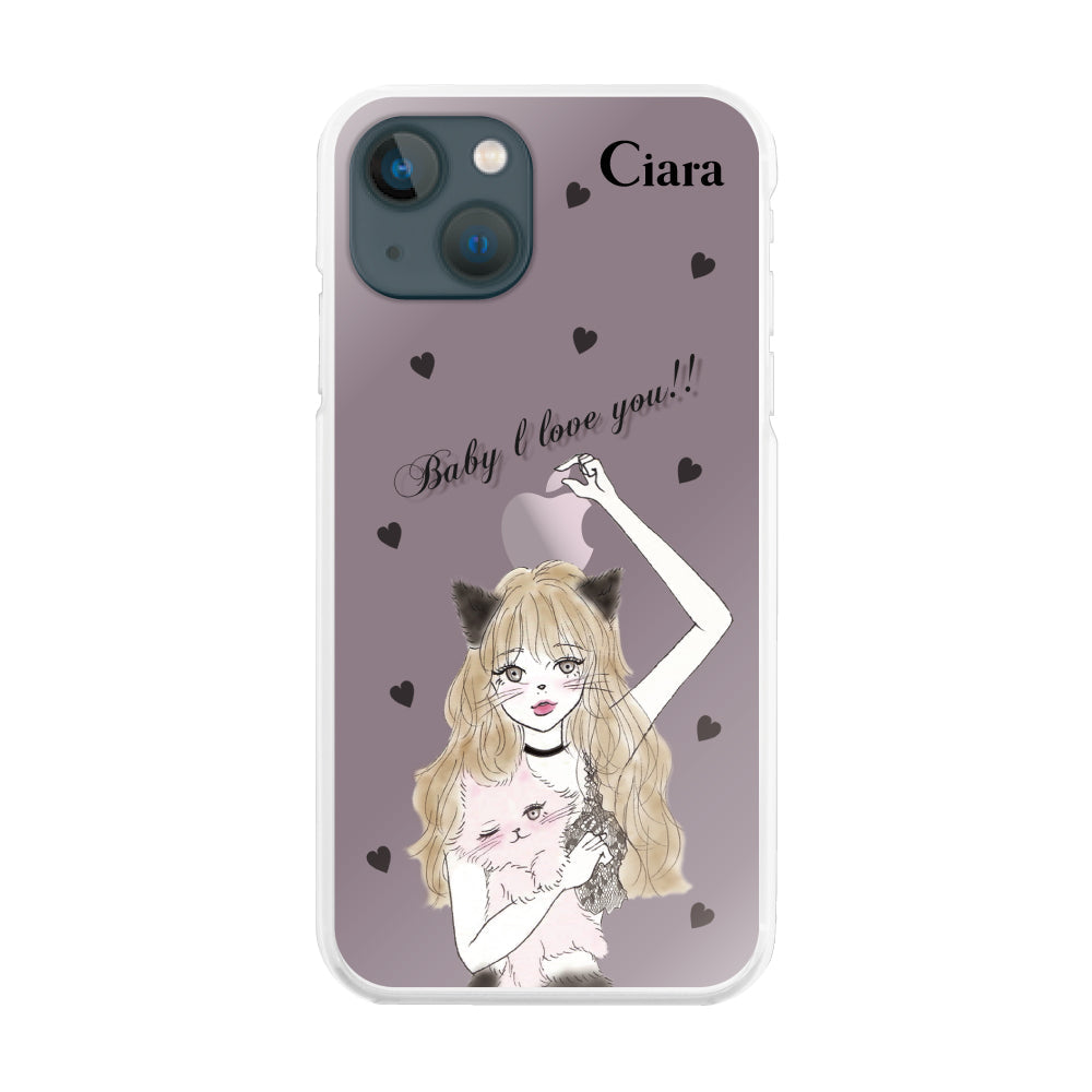 iPhone13mini ハイブリッド クリアケース ブラックキャットガール ピンク