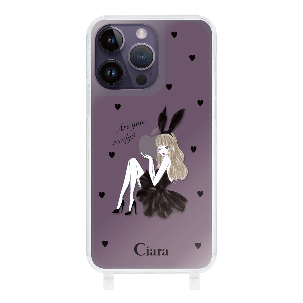 iPhone14ProMax ストラップクリアケース ブラックバニー ピンク