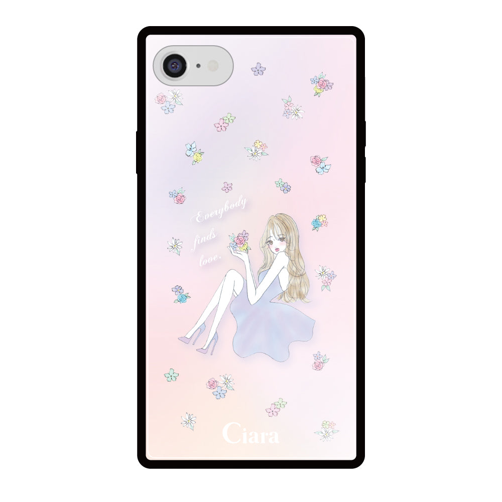 iPhone7/8/SE2/SE3ケース スクエア 強化ガラスケース ラベンダーガール パステル