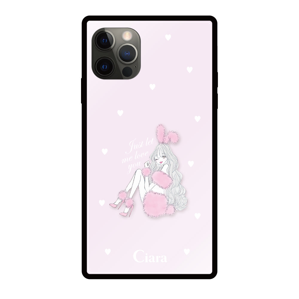 iPhoneX/XSケース スクエア 強化ガラスケース ピンクバニー ピンク