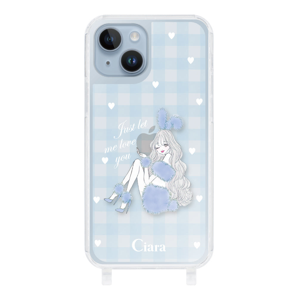 iPhone14Plus ストラップクリアケース ブルーバニー ブルーチェック
