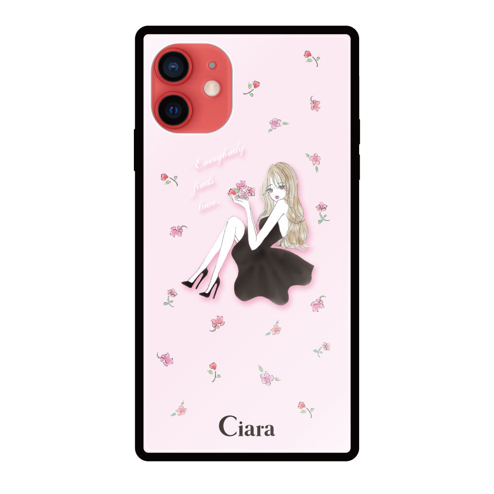 iPhone11ケース スクエア 強化ガラスケース ラベンダーブラックガール ピンク