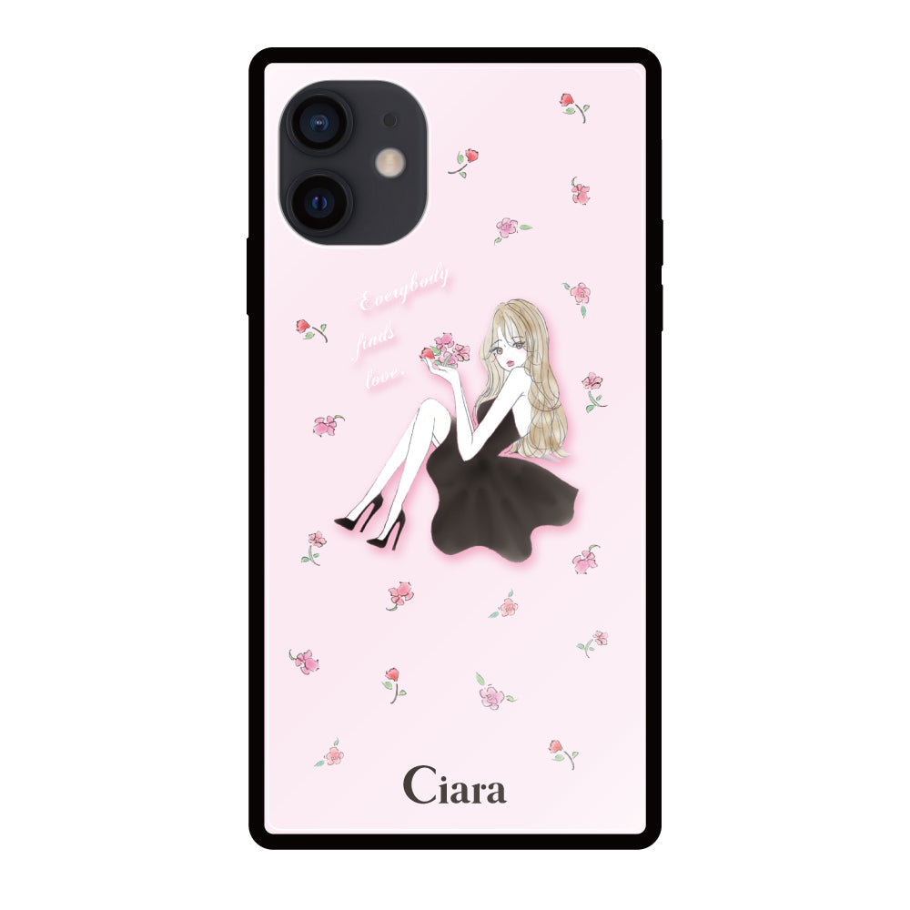 iPhoneXRケース スクエア 強化ガラスケース ラベンダーブラックガール ピンク