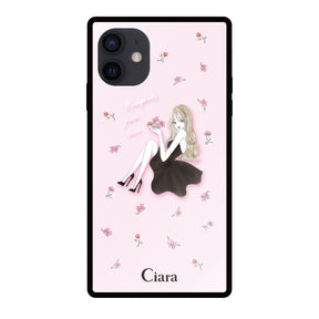 iPhoneXRケース スクエア 強化ガラスケース ラベンダーブラックガール ピンク