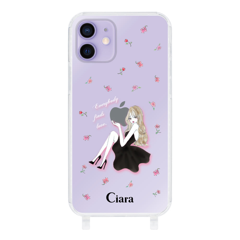 iPhone12/12Pro ストラップクリアケース ラベンダーブラックガール クリア
