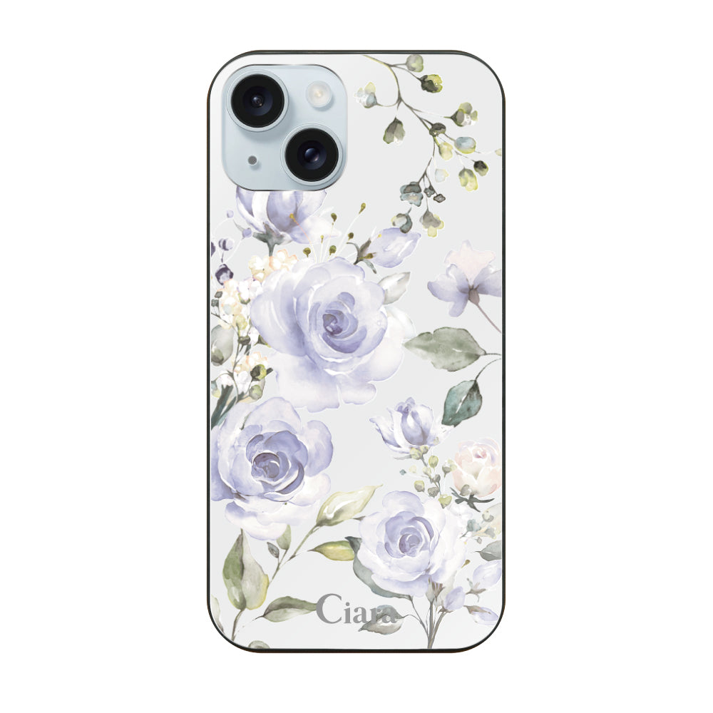 iPhone15Plus ガラス 強化ガラスケース スプリンクルフラワー パープル