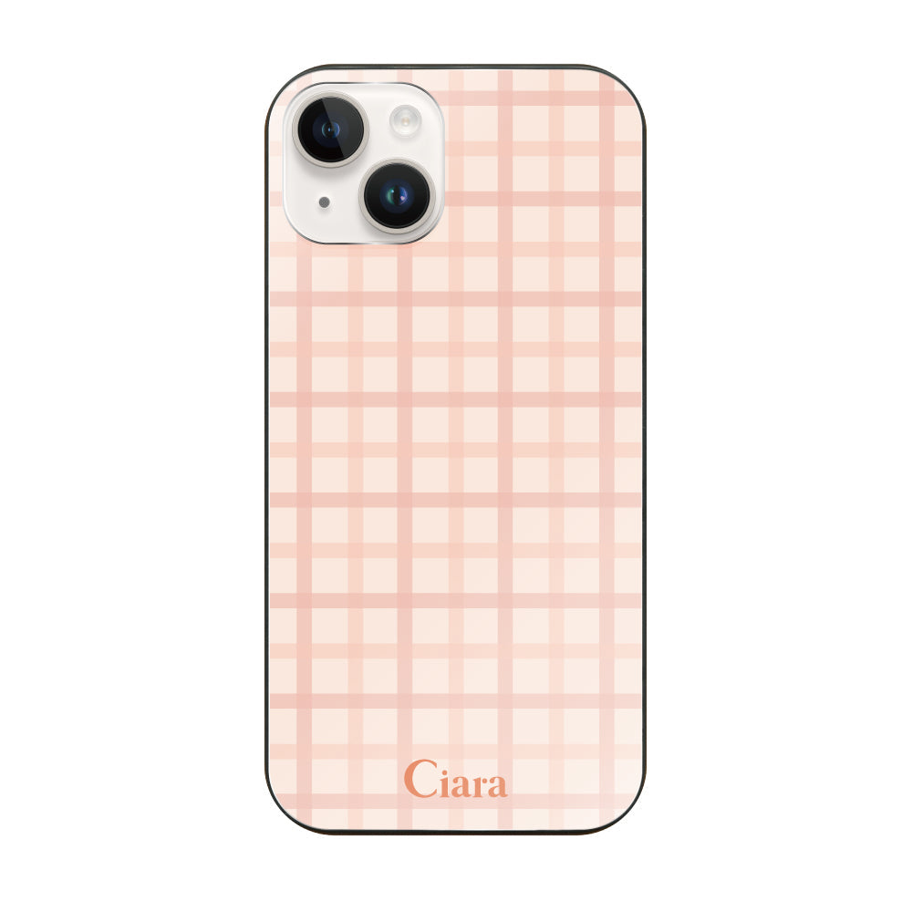 iPhone14 ガラス 強化ガラスケース ブロックチェック ピンク