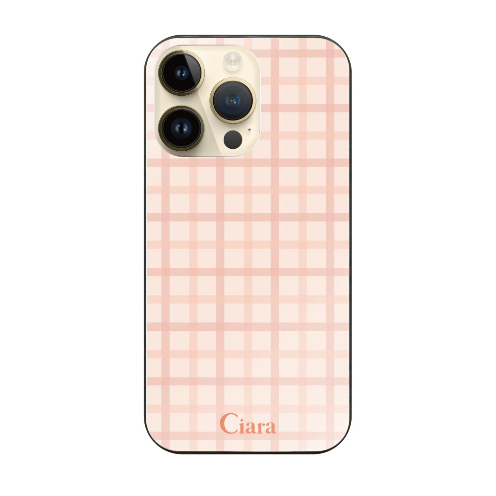 iPhone14Pro ガラス 強化ガラスケース ブロックチェック ピンク