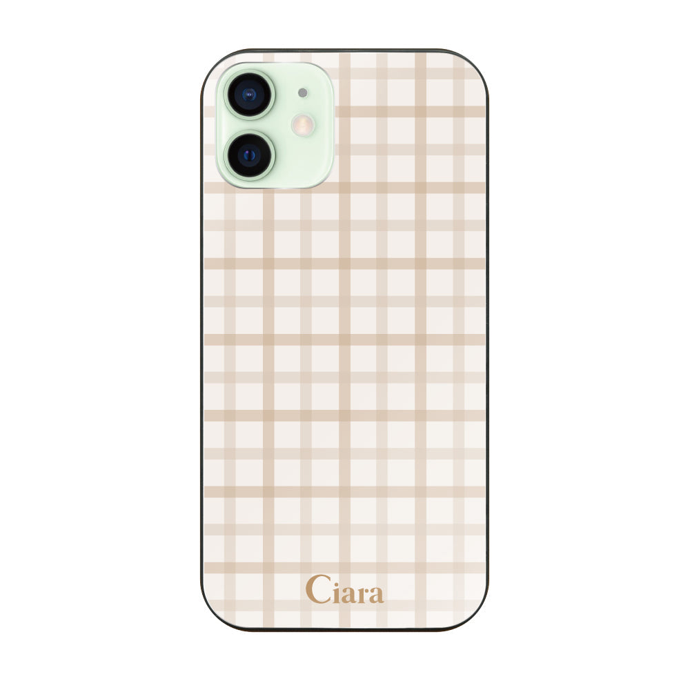 iPhone12mini ガラス 強化ガラスケース ブロックチェック ベージュ