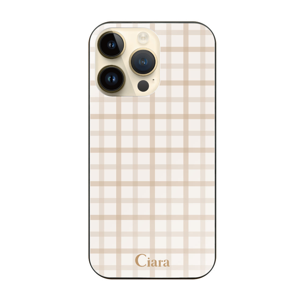 iPhone14Pro ガラス 強化ガラスケース ブロックチェック ベージュ