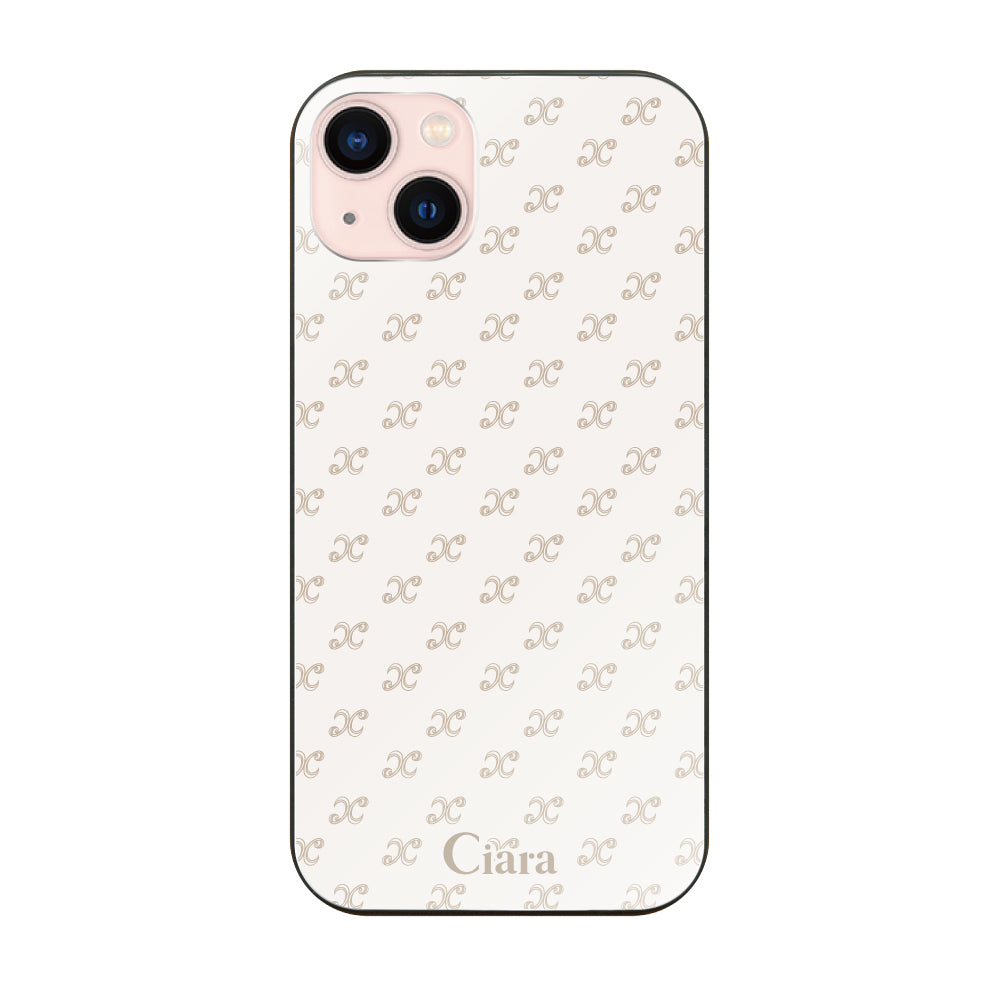 iPhone13 ガラス 強化ガラスケース シアラモノグラムパターン ベージュ