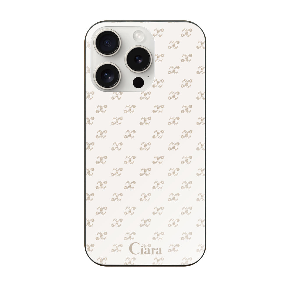iPhone15ProMax ガラス 強化ガラスケース シアラモノグラムパターン ベージュ