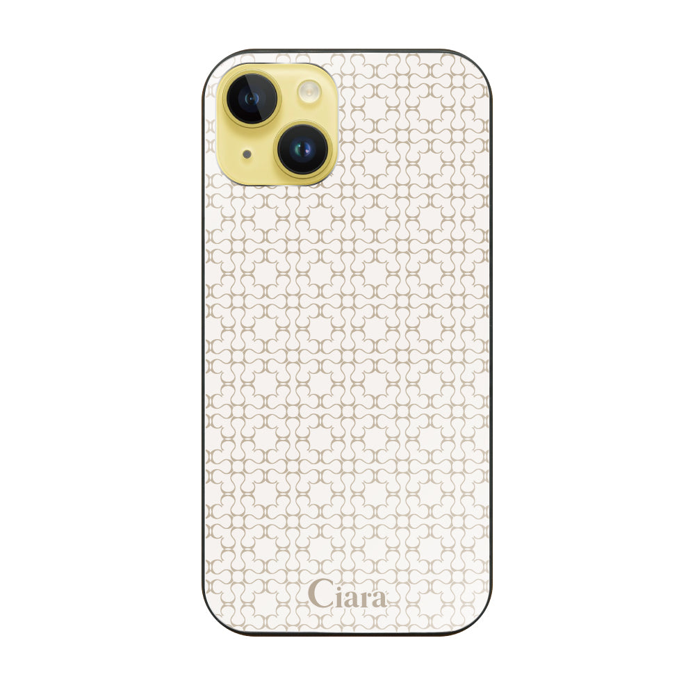 iPhone14Plus ガラス 強化ガラスケース シアラマカダムフルパターン ベージュ