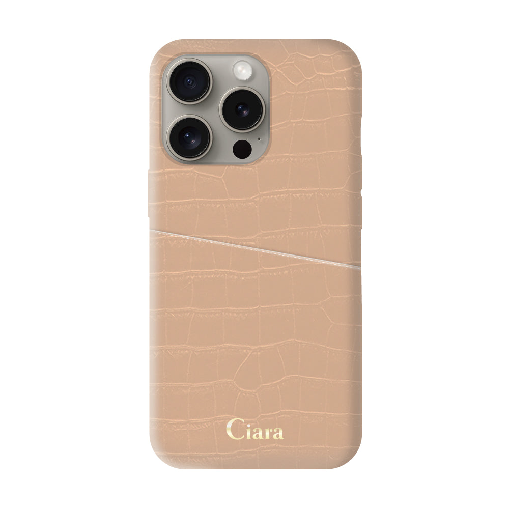iPhone15Proケース クロコPUポケット レザーカード収納ケース ロゴ ベージュ