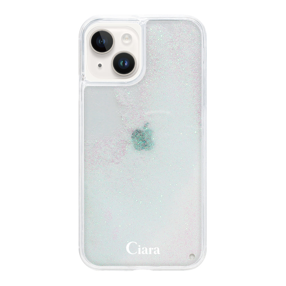 iPhone14 グリッター オイルクリアケース ロゴ ホワイト