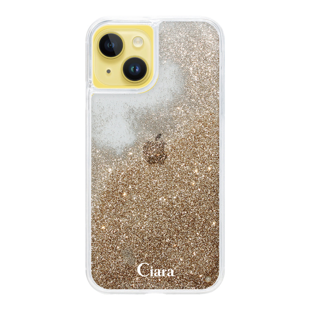 iPhone14Plus グリッター オイルクリアケース ロゴ ゴールド