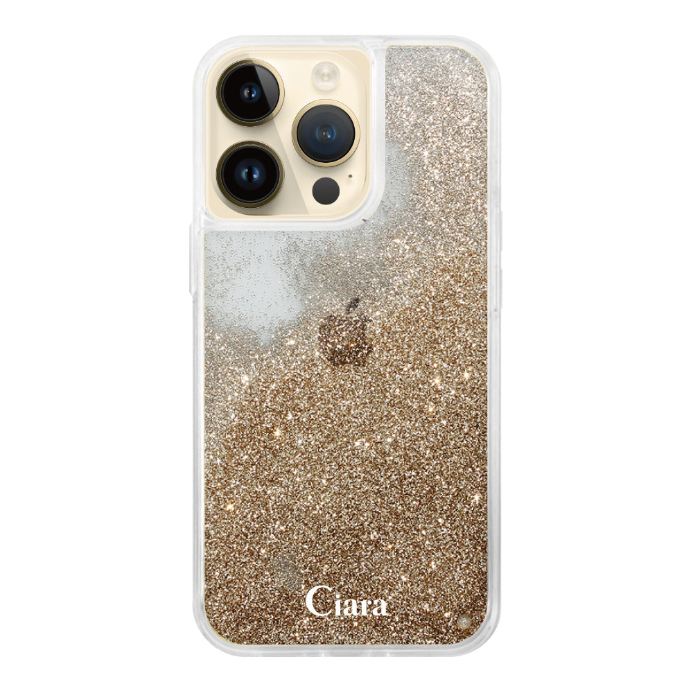 iPhone14Pro グリッター オイルクリアケース ロゴ ゴールド