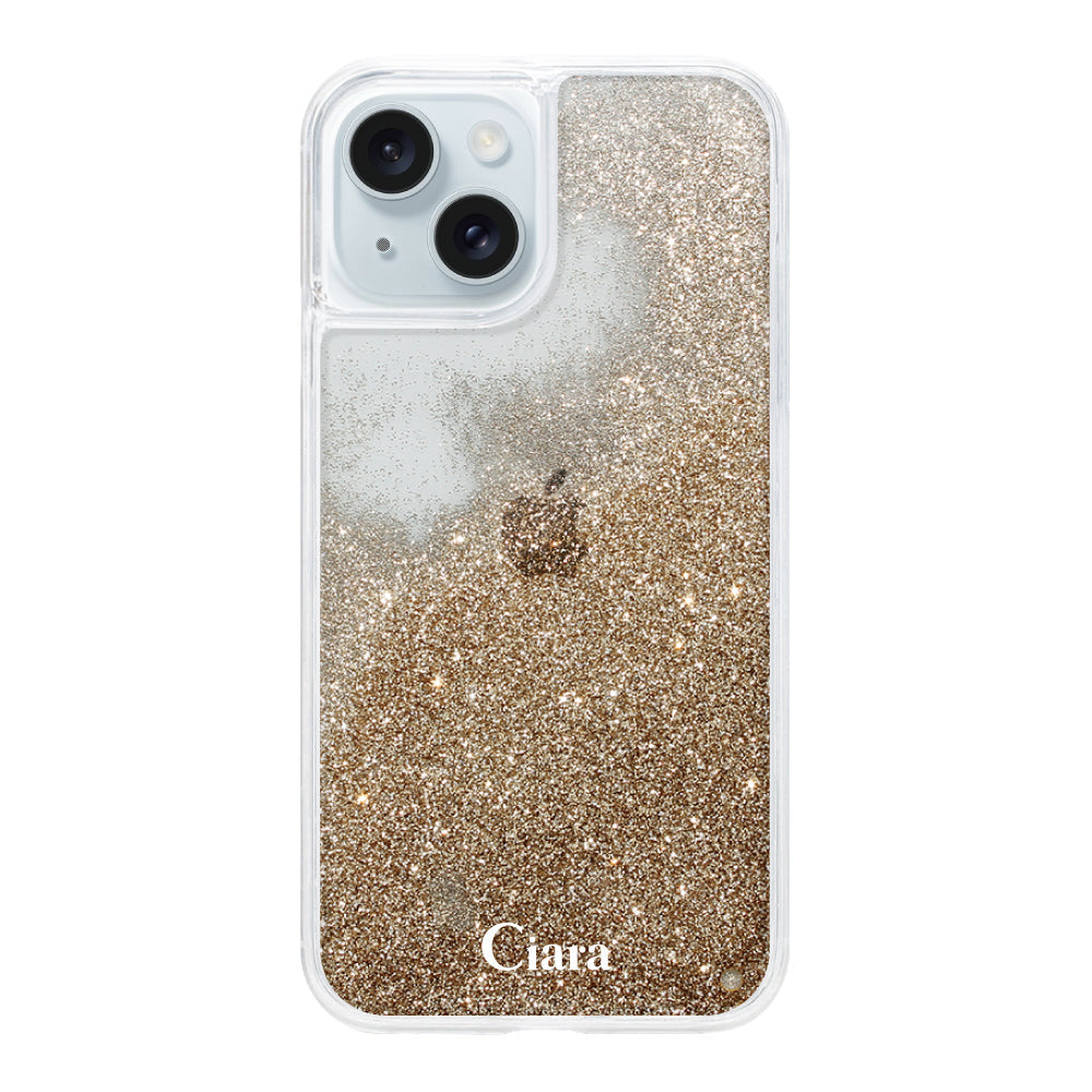 iPhone15Plus グリッター オイルクリアケース ロゴ ゴールド