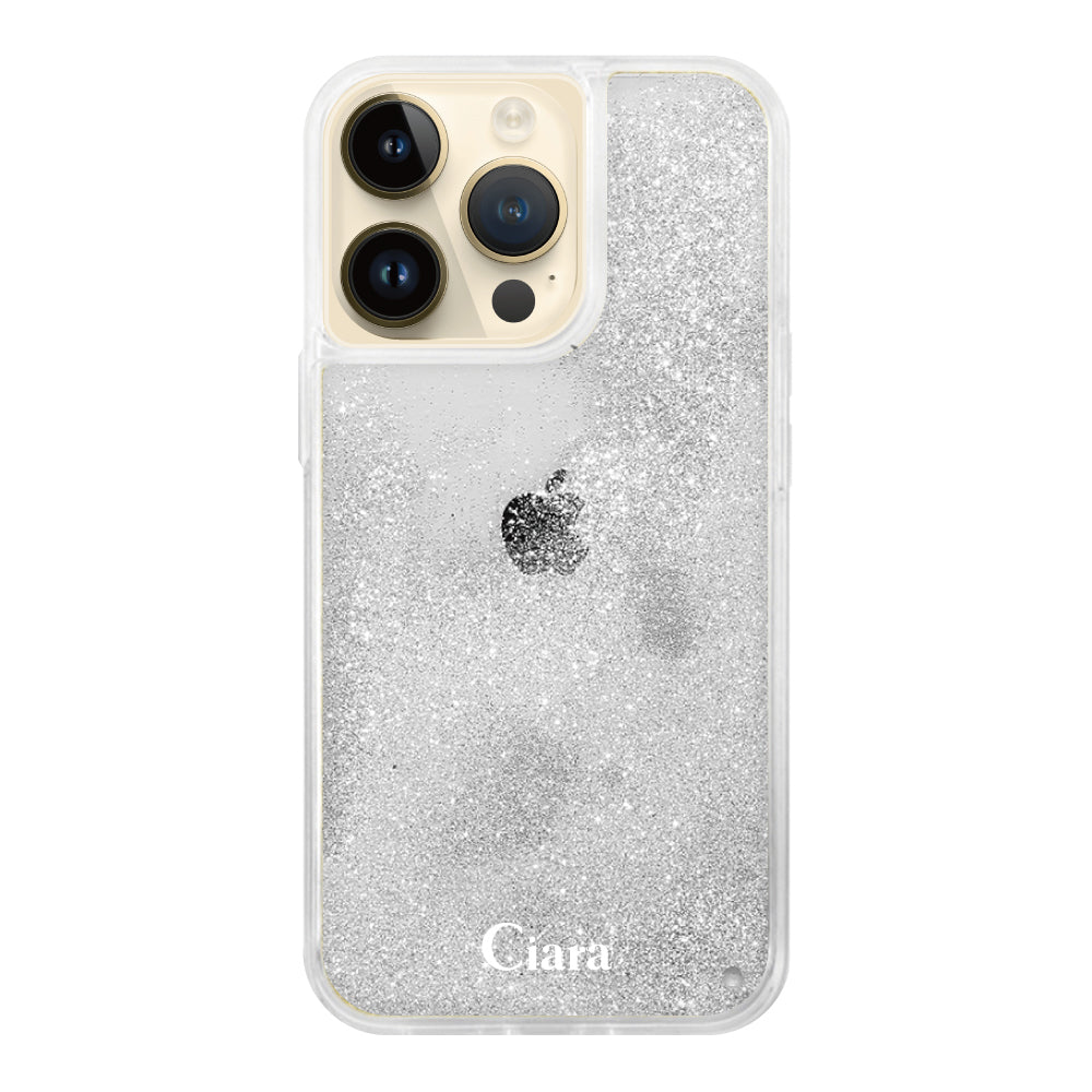 iPhone14Pro グリッター オイルクリアケース ロゴ シルバー