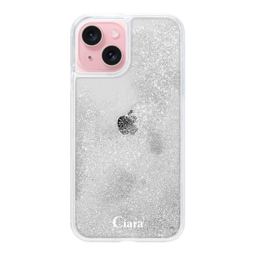 iPhone15 グリッター オイルクリアケース ロゴ シルバー