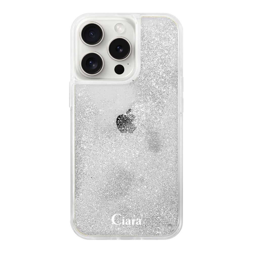 iPhone15ProMax グリッター オイルクリアケース ロゴ シルバー