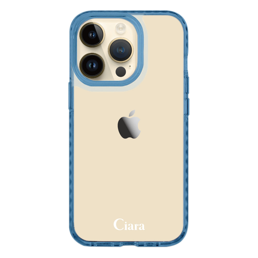 iPhone14Proケース クッションバンパー 耐衝撃クリアケース ロゴ クリアブルー