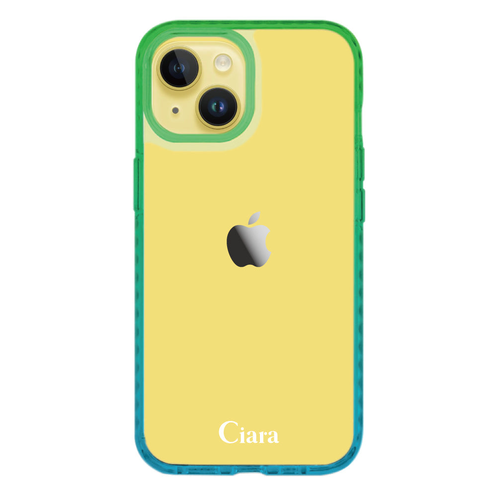 iPhone14Plusケース クッションバンパー 耐衝撃クリアケース ロゴ ブルー/グリーン