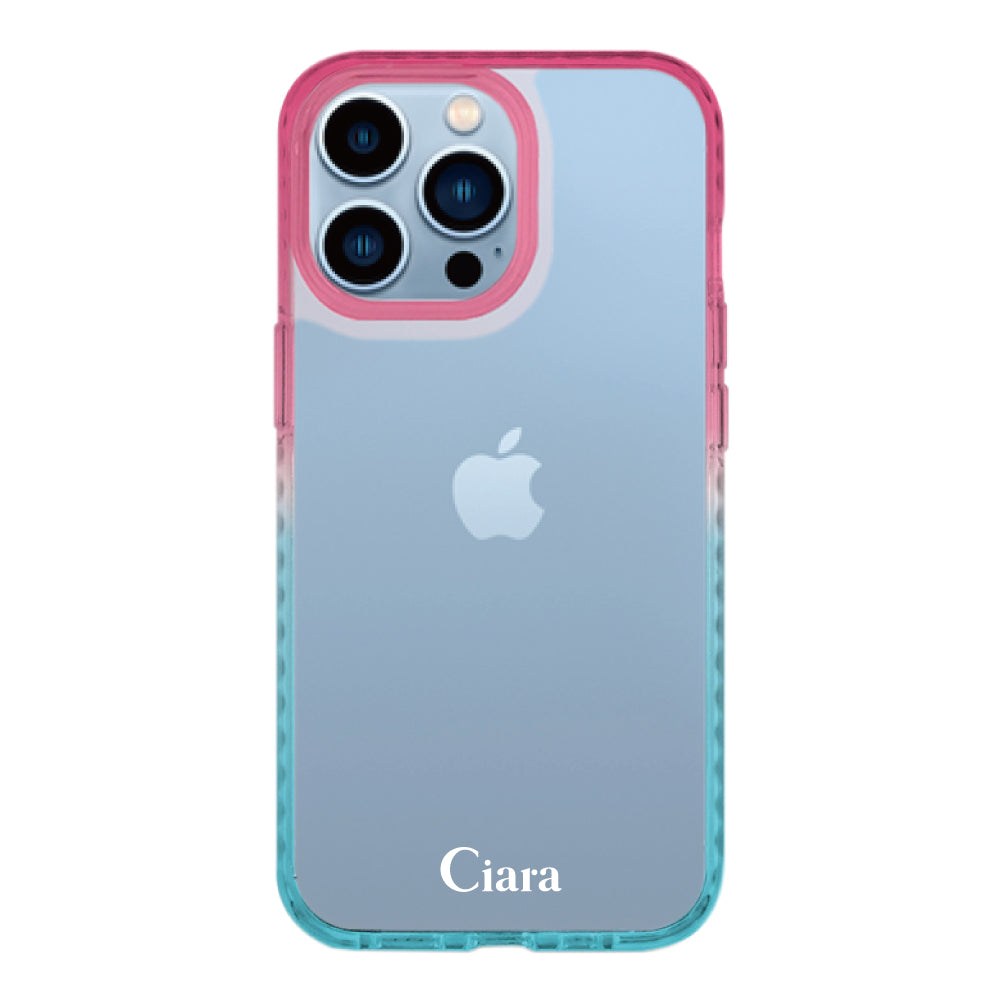 iPhone13ProMaxケース クッションバンパー 耐衝撃クリアケース ロゴ ピンク/ブルー